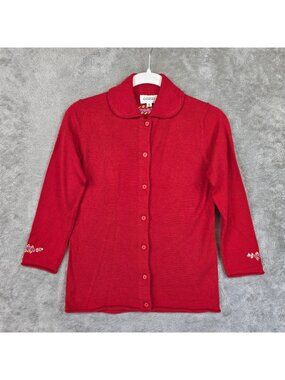 Cozzi Cardigan Sweater Womens Small Red Merino Wool Floral Embroidered Collar
